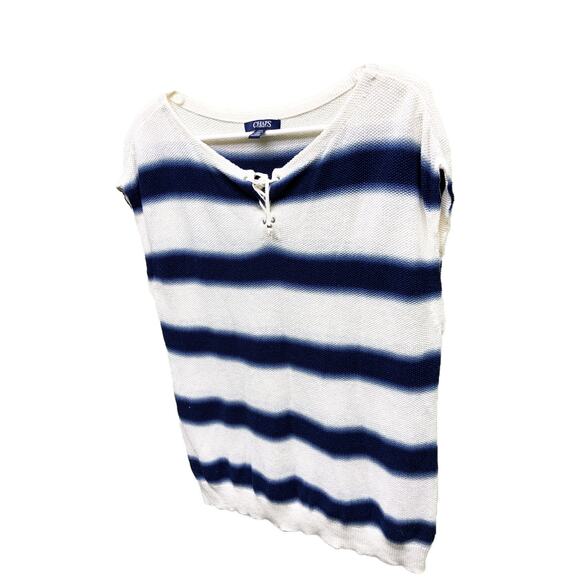 Chaps Denim Dye Stripe Knit Top White Blue Tunic Ombre Cap Sleeve Top Size L - Picture 2 of 7